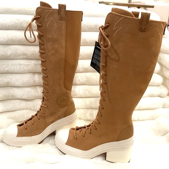 Tan Converse Knee High Lug Sole Boots – Women’s Leather Lace Up Size 9 - Picture 3 of 16